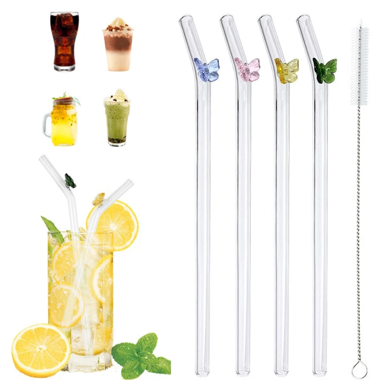 

Стеклянные соломинки в форме бабочки с щеткой, многоразовые барные инструменты для смузи, коктейлей, кофе, сока, экологически чистые питьевые столовые приборы