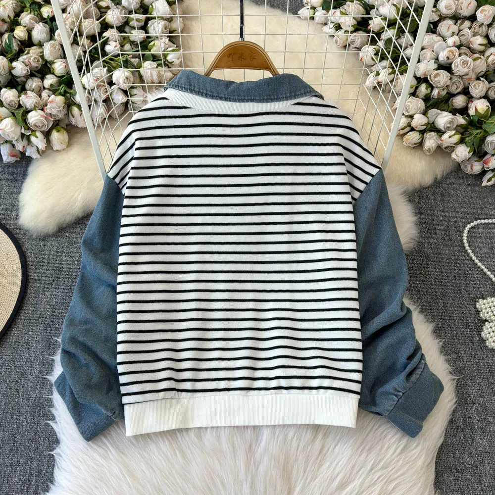 Женская джинсовая толстовка с капюшоном Feel Fake Two Свободные полосатые рубашки