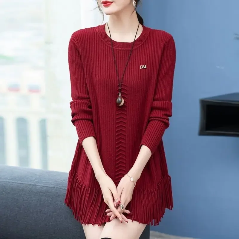 

Lady Fashion Temperament Tassel Spliced Knitted Dress Winter Simplicity All-match Round Neck Dresses Women's Clothing PH103