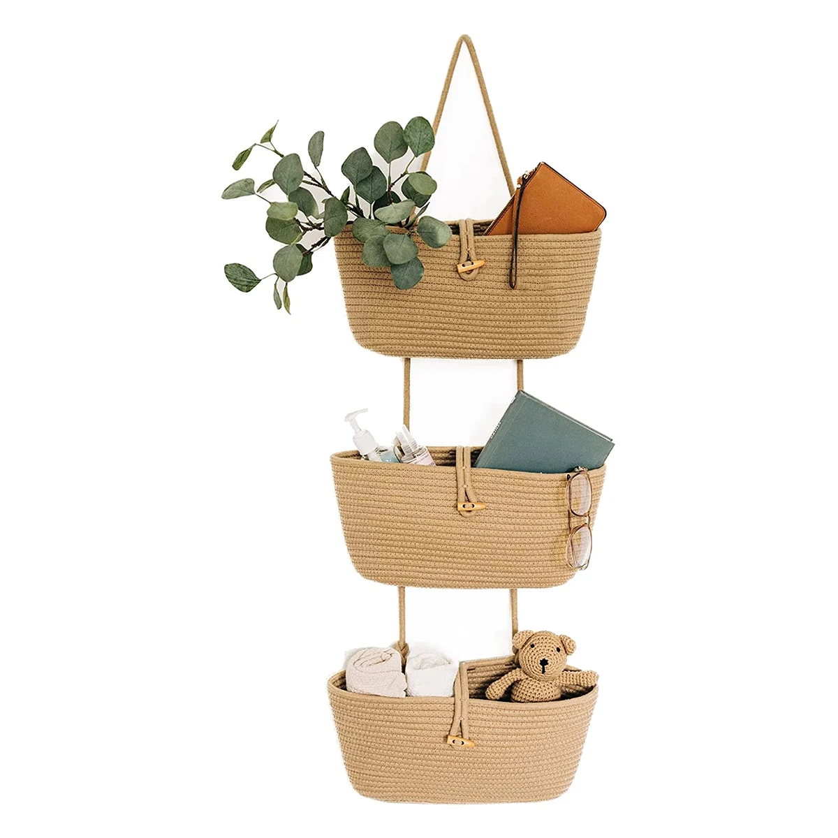 

Rope over the Door Basket 3-Tier Wall Hanging Basket for Storage over Door Organizer Hanging Baskets for Room - Camel