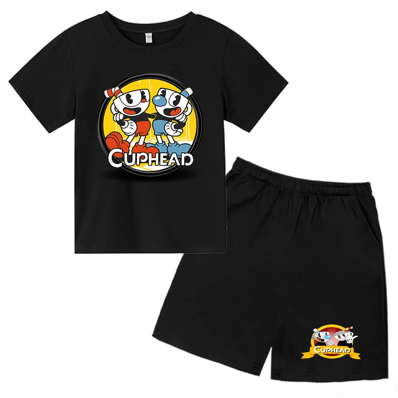 

Boys' Girls' T-shirt Suit Teacup Head Children's Clothing Fashion Printing Round Neck Short Sleeve Summer Set 3-12 Year Toddler