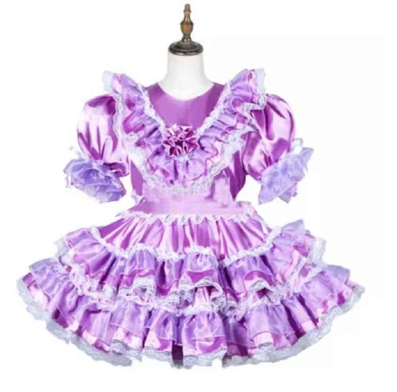 

French Adult Sissy Giant Baby Doll Lockable Uniform Purple Satin Dress Role Play Dress Custom Made by Maid