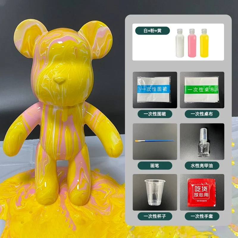 

23cm Diy Hand-made Fluid Bear Parent-child Ornament Hand-made Graffiti Colored Bear Pigment Fluid Trend Bear Material