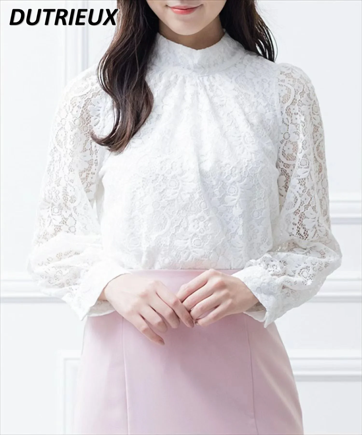 

Japanese Leisure Loose Lace Bottoming Shirt for Women Autumn New White Top Versatile Slimming Stand Collar Long Sleeve T Shirt