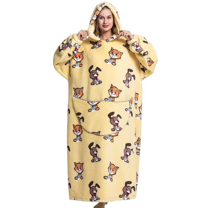 Women Super Long Hoodie Pajamas Blanket Flannel with Sleeves Winter Hoodies Sweatshirt Pullover Winter Oversized Home Clothing