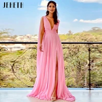 jeheth pink chiffon long evening dresses sexy deep v neck side slit formal prom party dresses sleeveless pleated floor length