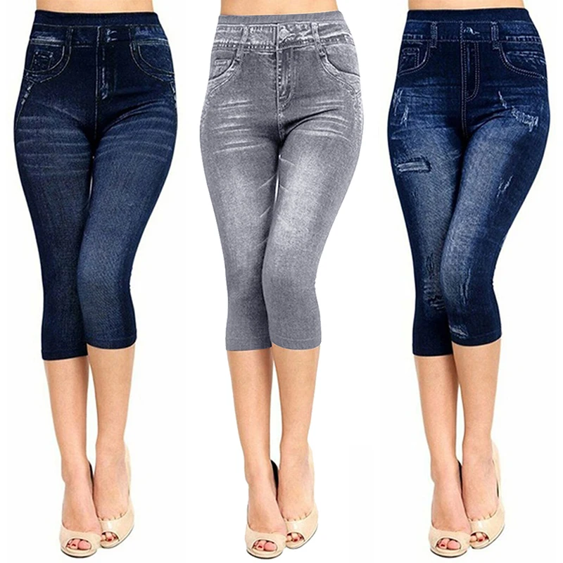 

Women Denim Print Leggings Summer Capri Legging High Waist Pants Fitness Slim Push Up Leggings Summer Breeches Pencil Pants 2023