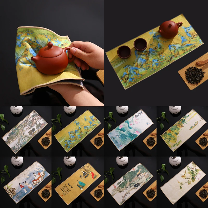 

Chinese Painted Tea Towel Cleaning Cloth Tea Mat Thickened Absorbent Rag Soft Cotton Kitchen Towel Kung Fu Tea Accessories