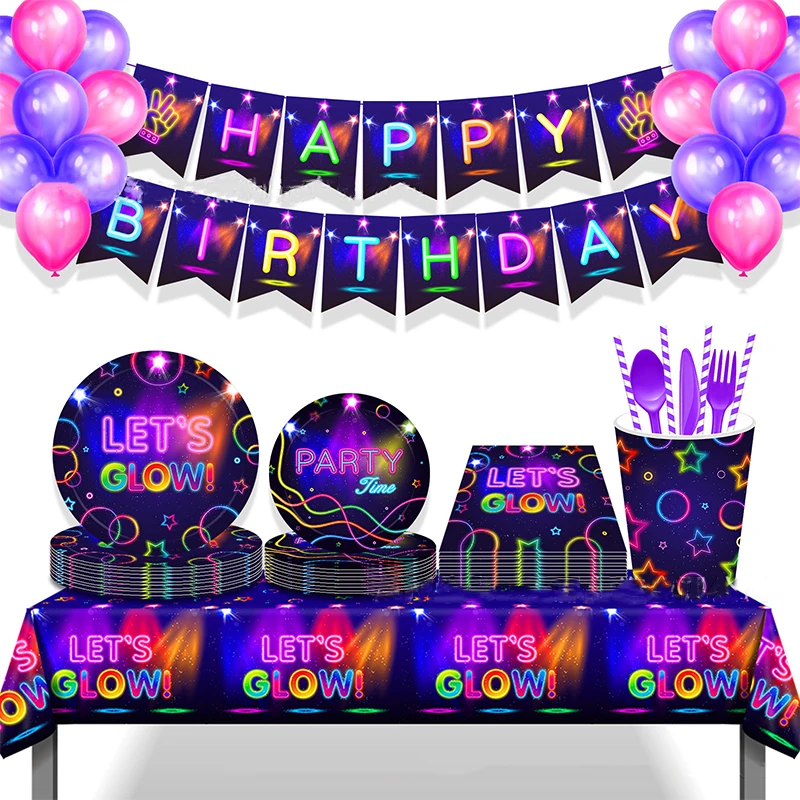 

Lets Glow Party Decor Children Adult Birthday Party Balloon Party Time Plates Fluorescent Party Cups Birthday Party Supplies