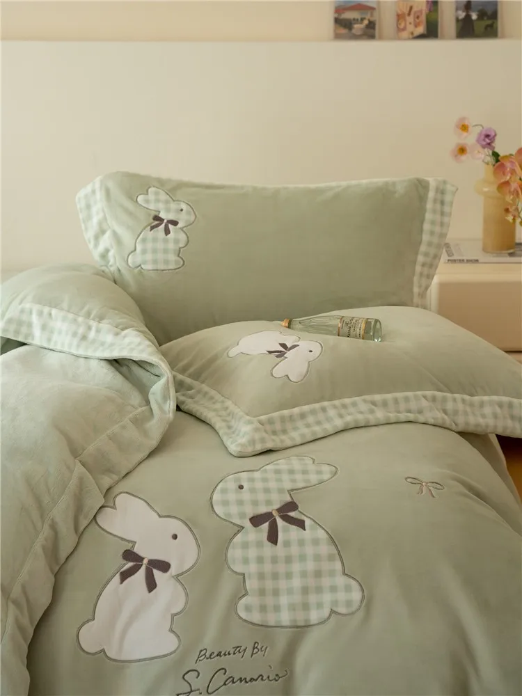 Winter Thick Milk Velvet Four-Piece Set Embroidered Cute Rabbit Bedding Article Fitted Bed Sheet Warm Flannel Quilt Cover