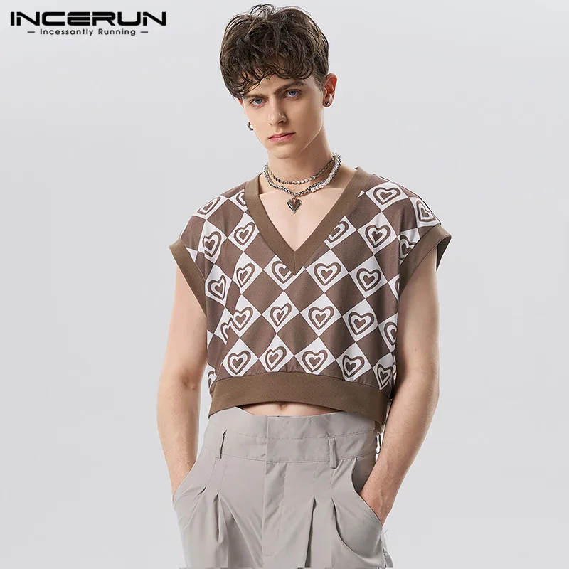 

American Style New Men's Love Diamond Pattern Printing Waistcoat Casual Male Loose Knitting V-neck Vests S-5XL INCERUN Tops 2023