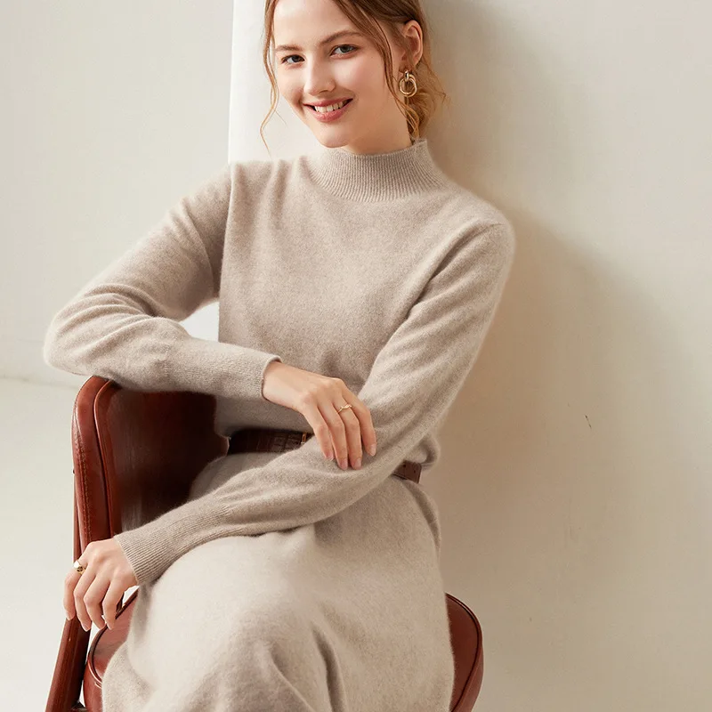 

Fashion Soft High Neck Women's Cashmere Knit Dress Over Knee Classic Style Waist Slim Skirt
