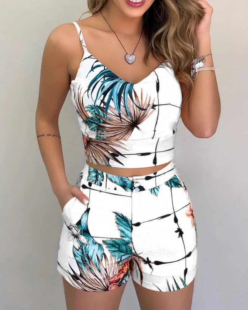 

Floral Print Top Pants Set Two Pieces Suit Women's Summer Holiday Sleeveless Loungewear Shorts Casual Outfits With Belt2022
