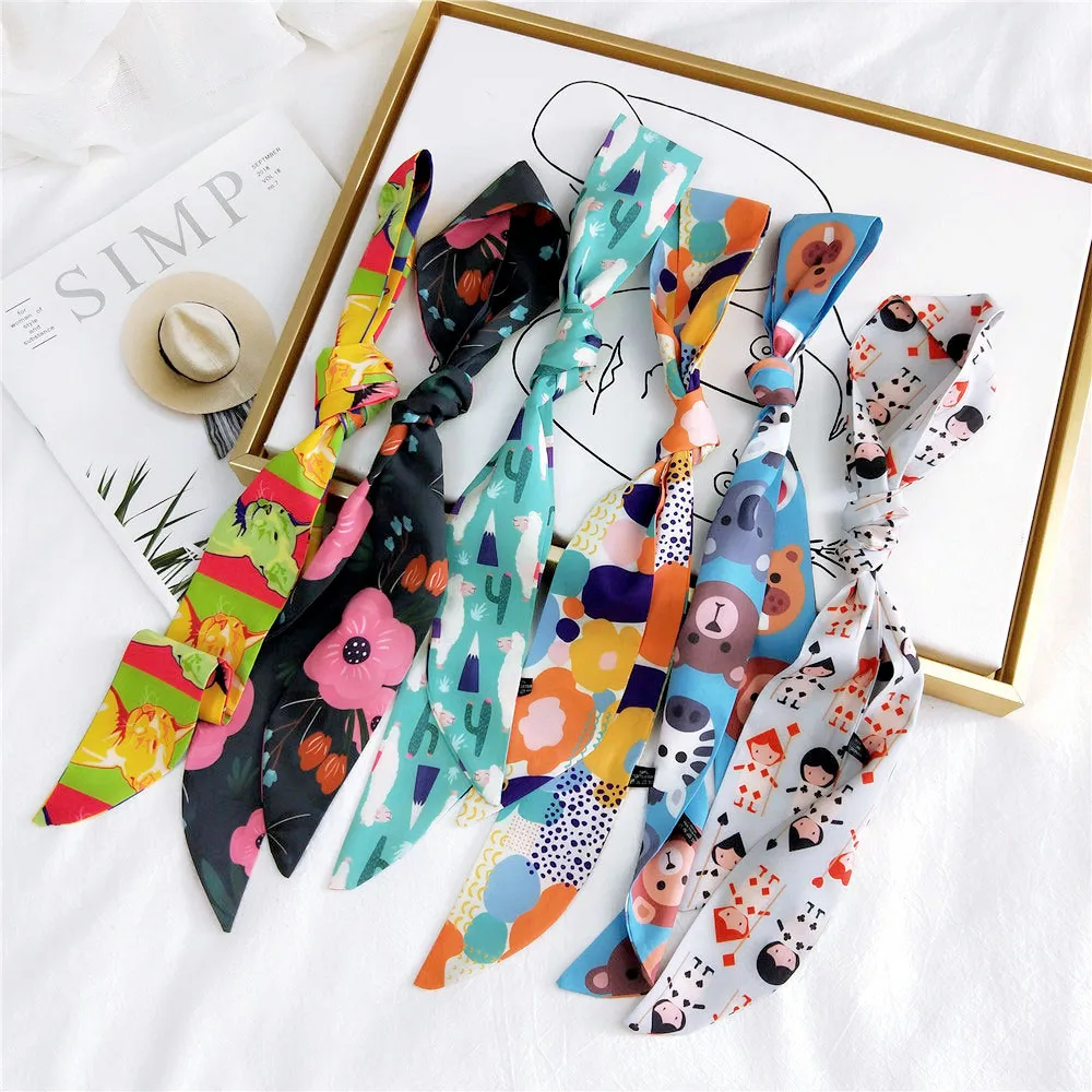 

Cartoon Print Headbands Hair Scarfs Female Skinny Wrist Ribbon Long Neck Scarf Women 5*105CM Fashion Hairband Cute Bag Scarves