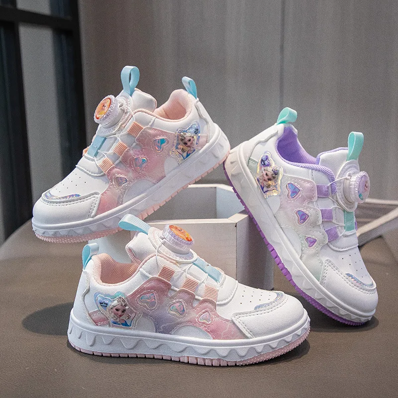 

Disney Children's Fashionable Frozen Cartoon Priness Elsa Sports Shoes Children's White Casual Pu Leather Shoes Size 26-37