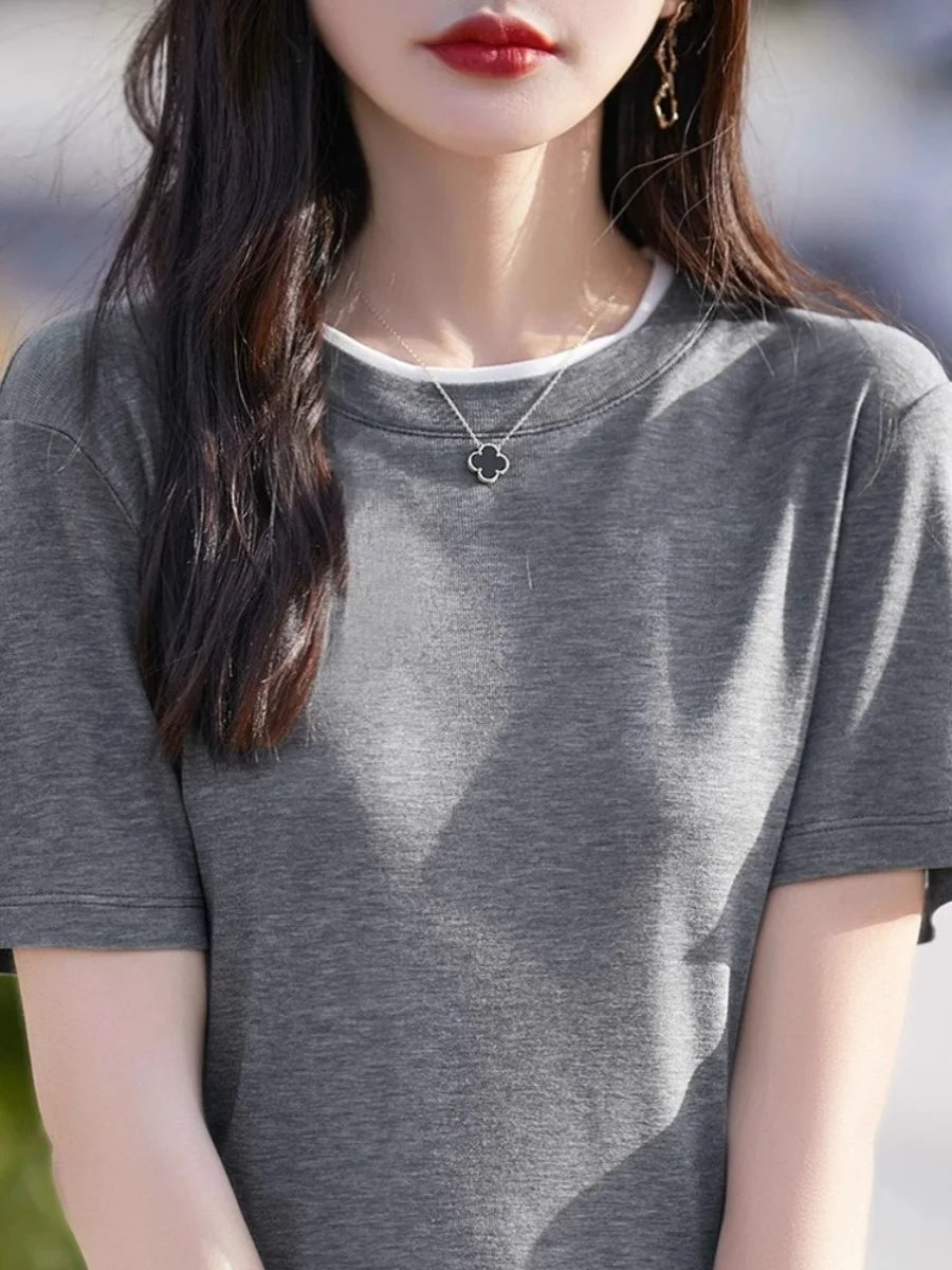 Элегантная футболка с короткими рукавами женская летняя 2024 новый базовый топ