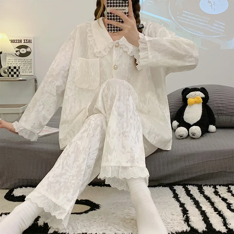 

Velvet Lace Pajamas for Women Spring Autumn Long-sleeved Trousers Sleepwear Loose New in Home Suit for Women White Nightwear