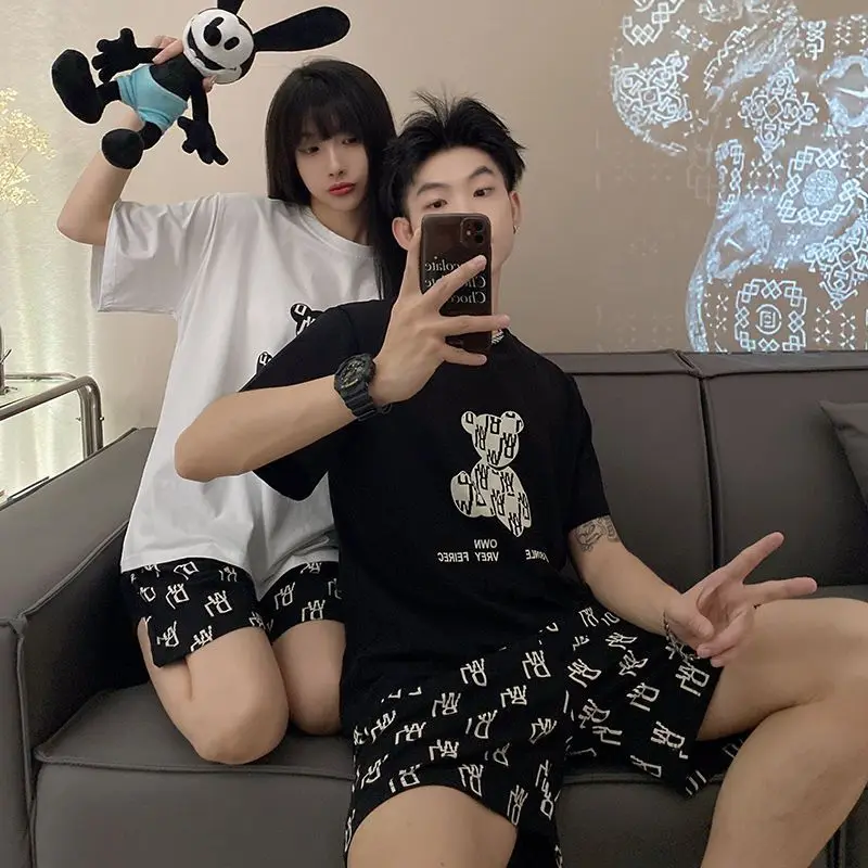Couple pajama men's summer short-sleeved shorts loose plus size 2023 new pajamas women's summer short-sleeved loungewear