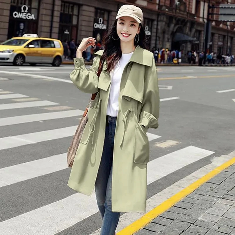 

2022 Autumn New Women Trench Coat Korean Fashion England Style Windbreaker Adjustable Waist Cardigan Office Ladies Overcoats