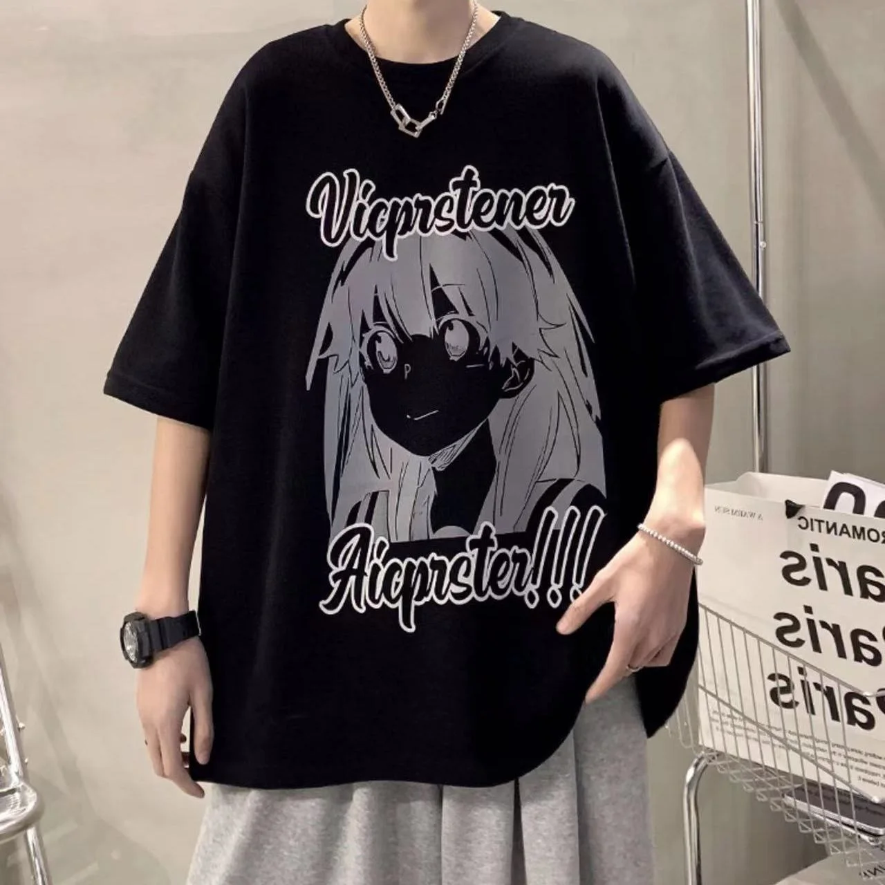 

2023 Summer Men O-neck Short Sleeved Tops Cotton Tees New HipHop Streetwear Cartoons Girl Print Trendy Casual Oversized T-shirt