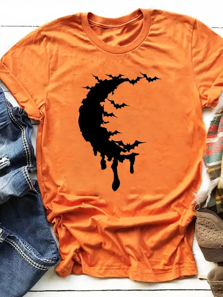 

Fall Autumn Halloween Moon Trend Festival Trend Fashion Casual T-shirts Clothes Women Female T Clothing Ladies Print Graphic Tee