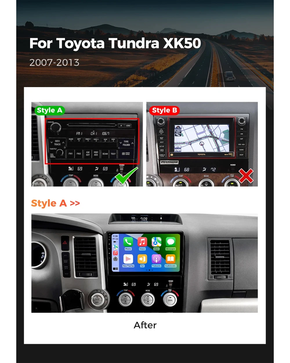 Фото Автомобильное радио Android 14 Carplay для Toyota Tundra XK50 2007-2013 Sequoia XK60 2008-2017 навигация GPS мультимедийный плеер стерео №2