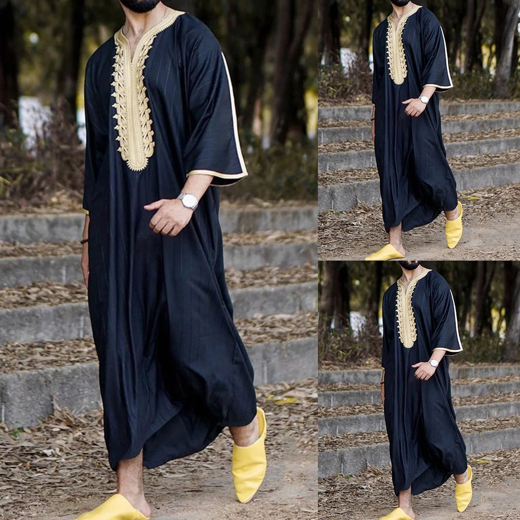 Muslim Men Jubba Thobe Long Sleeve Islamic Clothing Embroidery V-Neck Kimono Long Robe Abaya Caftan Dubai Arab Loose Dress Shirt