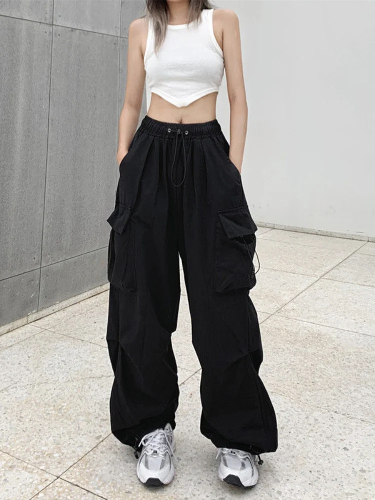 

2023 Y2K женские брюки, однотонные повседневные свободные брюки с завышенной талией в уличном стиле, женские винтажные брюки-карго в стиле хипп...