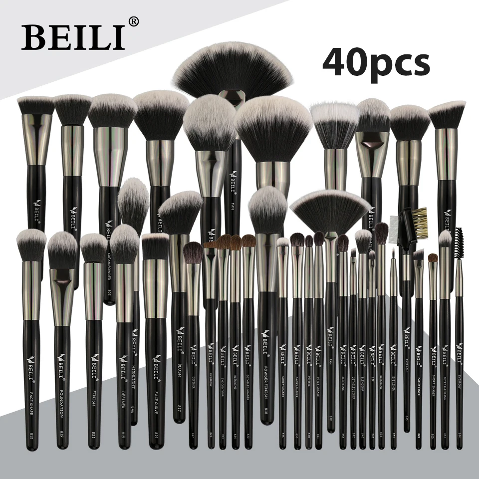 BEILI Black Professional 40 Pieces Makeup Brushes Set Soft Natural bristles powder Blending Eyebrow Fan Foundation make up brush