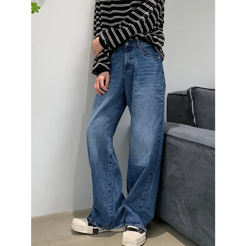 Streetwear Men 2022 New Vintage Simplicity Recreational Blue Jeans Loose Straight Cylinder Broad Leg Trousers Autumn Female Y2k