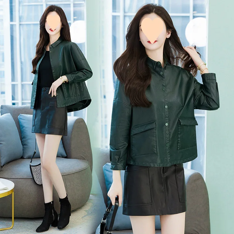 Spring  Autumn PU Leather Short Leather  Coat Women's Autumn  Winter Student Motorcycle Leather Basic Yellow Leather Jacket