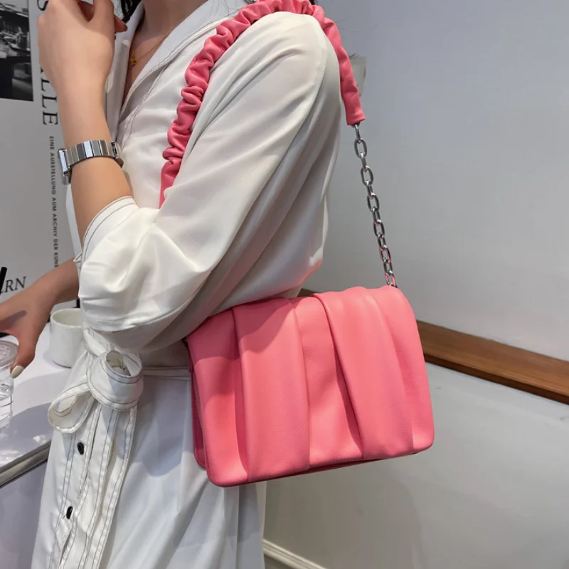 Women's Retro Fashion Ringer PU Fold Hand Bags for Women Simple Luxury Sac Shoulder Small Square Underarm Bolsa Feminina Handbag