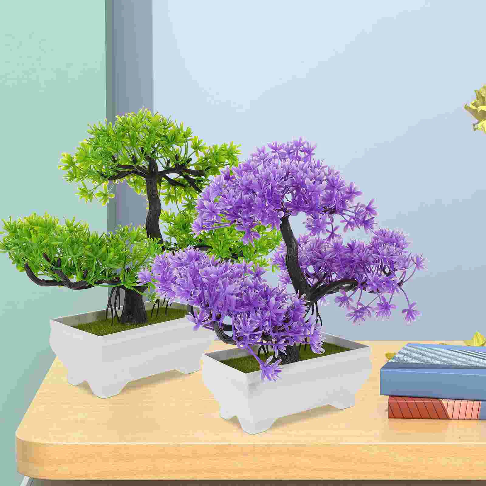 

2 Pcs Simulation Welcome Pine Faux Tree Mini Bonsai Artificial Desktop Adornments Plastic Fake Office Plant Ornaments