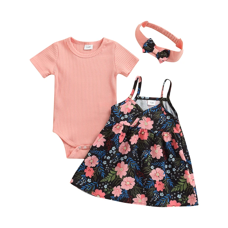 

Infant Baby Girls Summer Clothes Short Sleeves Ribbed Rompers And Floral Print Suspender Skirt With Headband Children's Clothing