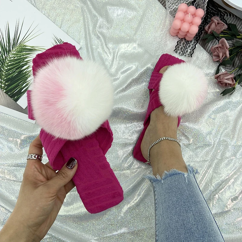 Summer Slides Women Cotton Fabric Real Fur Slippers Ladies Flats Fur Sandals 2022 Luxury Fluffy Flip Flops House Slippers Shoes