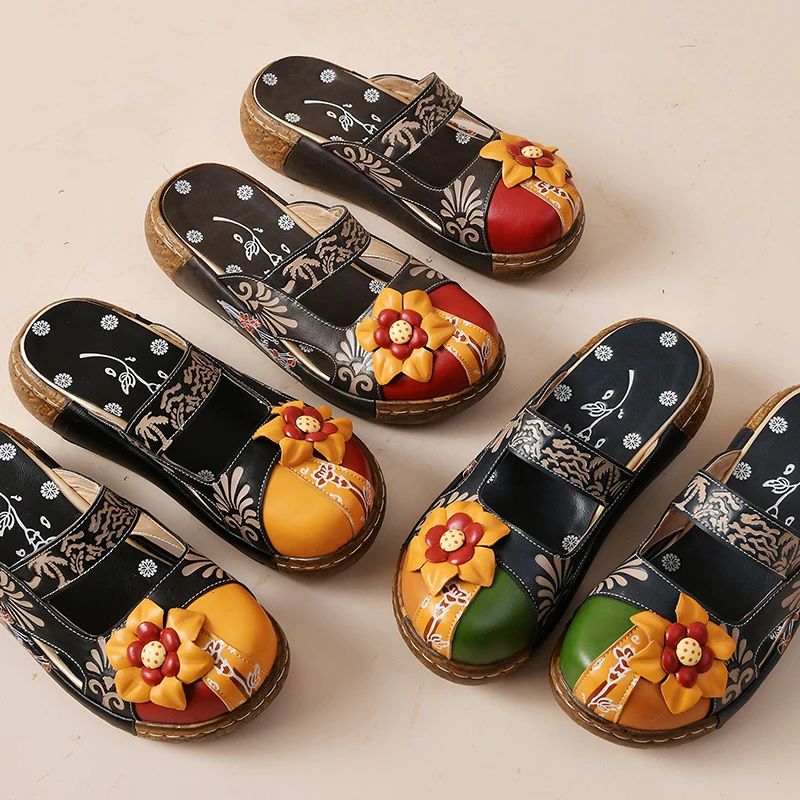 

Female Slippers Round Toe Vintage Women Sandals Sewing Ladies Shoes Hook & Loop Casual Sandals Summer Waterproof Slippers