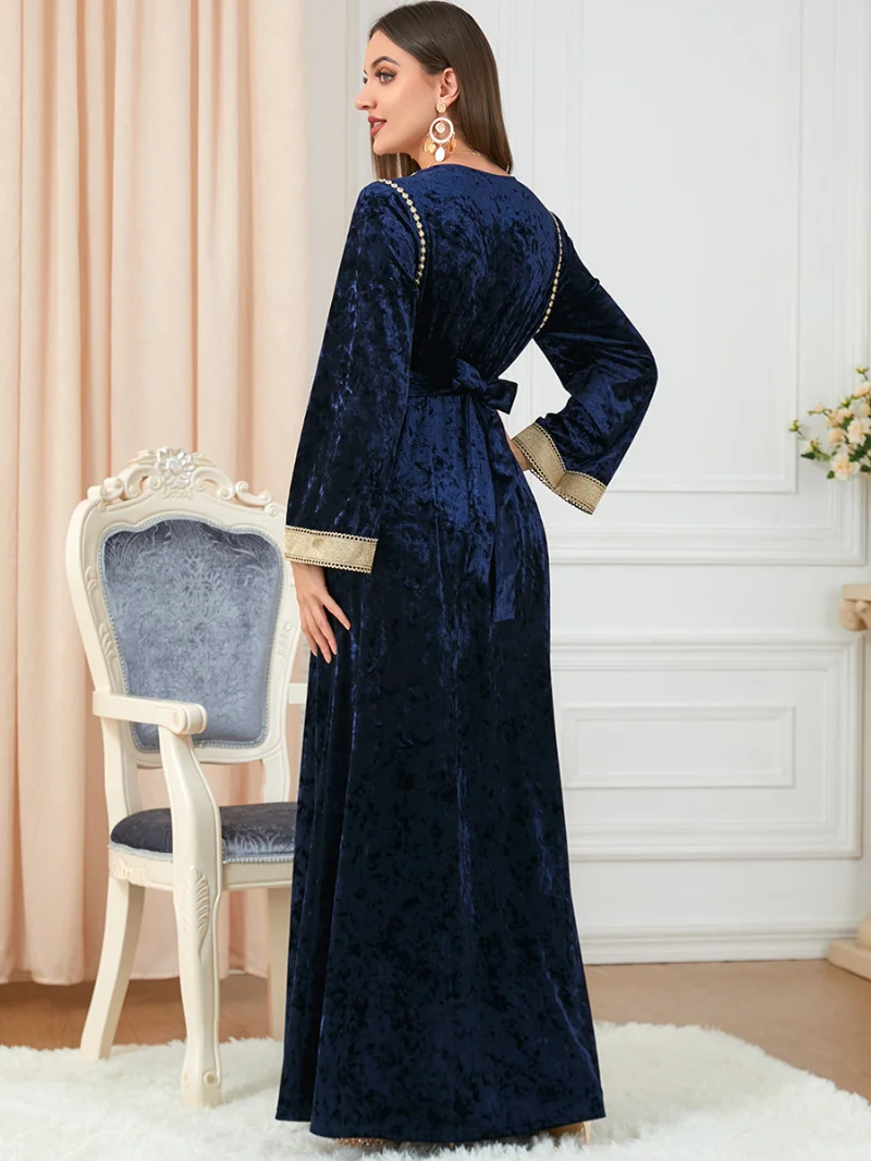 Muslim Dress Women Autumn Winter Velvet Long Sleeve Button Tape Trim Belted Kaftan Split Hem Party Dresses Turkey Abaya New 2022