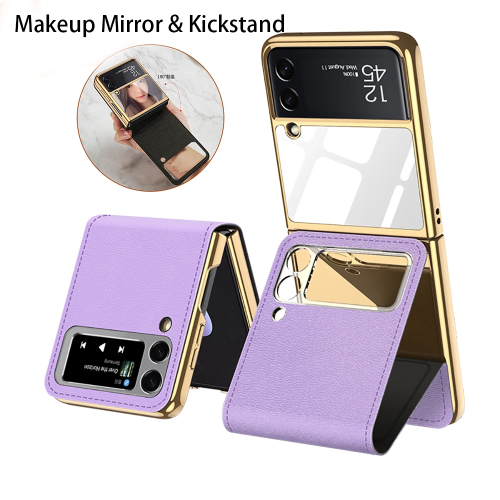 

Кожаный чехол с подставкой для зеркала для макияжа для Samsung Galaxy Z Flip 3 5G, защитный чехол с отверстием для камеры из закаленного стекла, Магнитн...