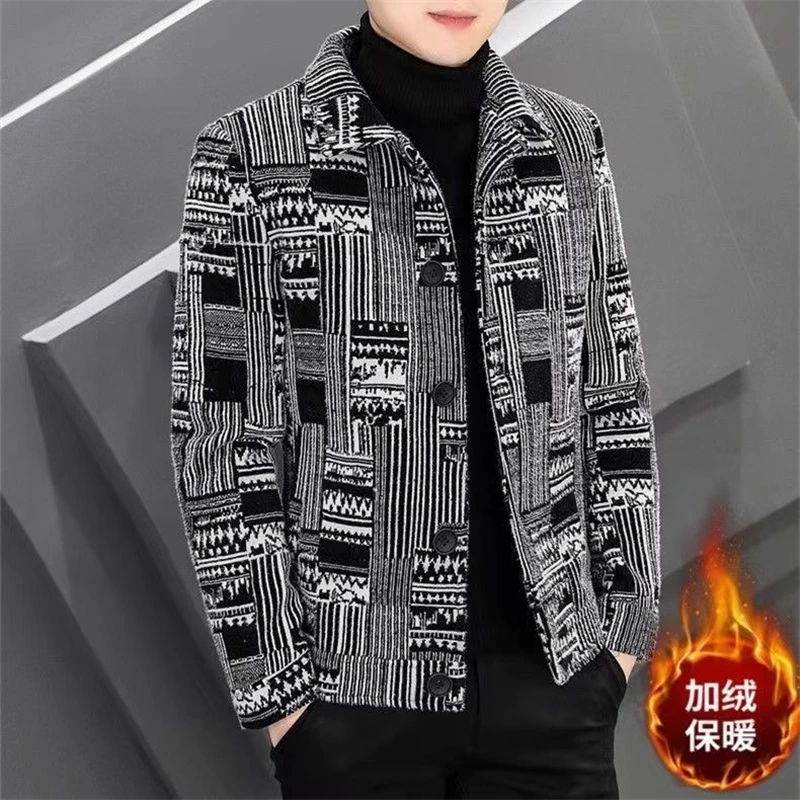 Autumn and Winter New Fleece-lined Thickened Lapel Jacket Men's Korean Sle Trendy Slim fit Plaid Short Woolen Coat