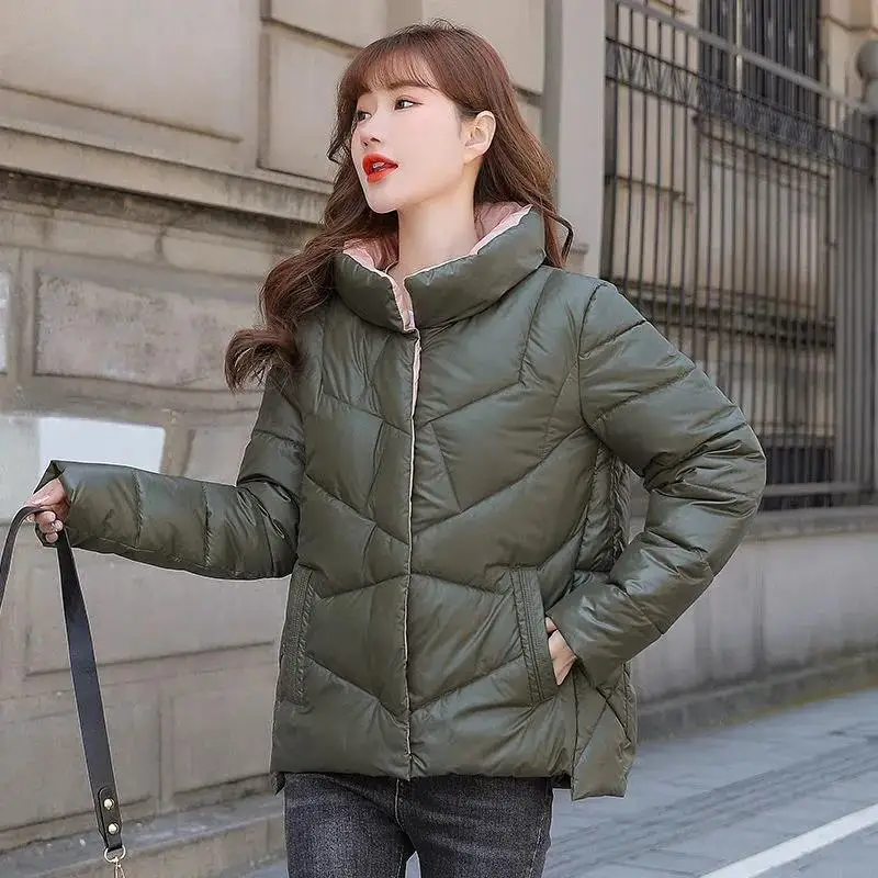 2022 Autumn Winter Bright Face Padded Jackets Women Short Coat Loose Stand-Up Collar Fashion New Black Down Cotton Jacket Female