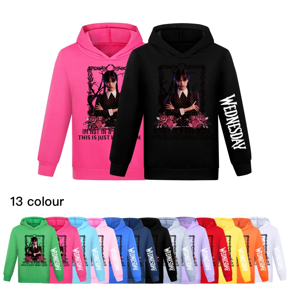 

2023 Autumn New Wednesday Addams Family Outerwear Clothes Kids Boys Hooded Girls Hoodies Pullover Children Casual Sweatshirt