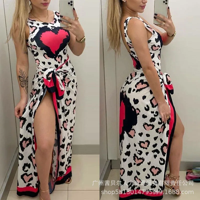 

Women One Piece Swimsuit Set Summer O-Neck Bodysuits Swimsuit Kerchief Set Women Sexy Leopard Print Love Printing Swimsuit Set