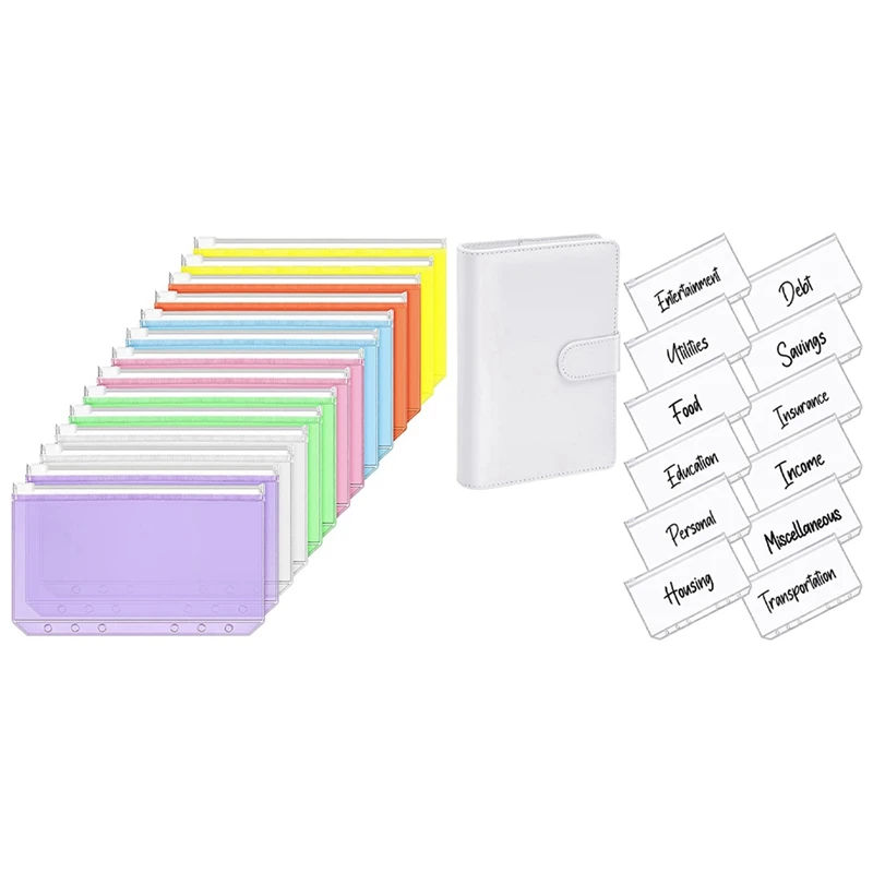 

2 Set A6 PU Leather Notebook Magnetic Personal Planning Binder PVC Loose Leaf Bags, White & Multicolor