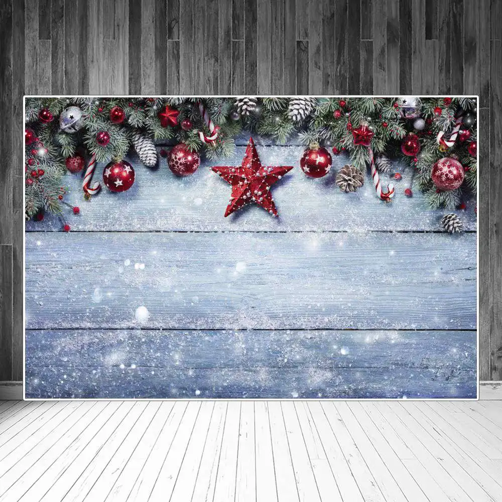 

Christmas Snowflakes Wooden Boards Planks Photography Backgrounds Banner Custom Pine Star Balls Party Decoration Photo Backdrops