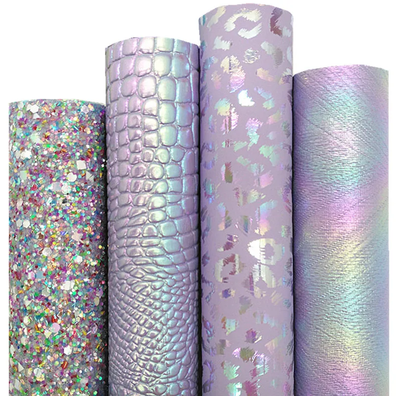 Iridescent Leopard Synthetic Leather Crocodile Grain Faux Leather Sheets Light Purple Glitter Leather For Bows DIY 21x29CM Q1122