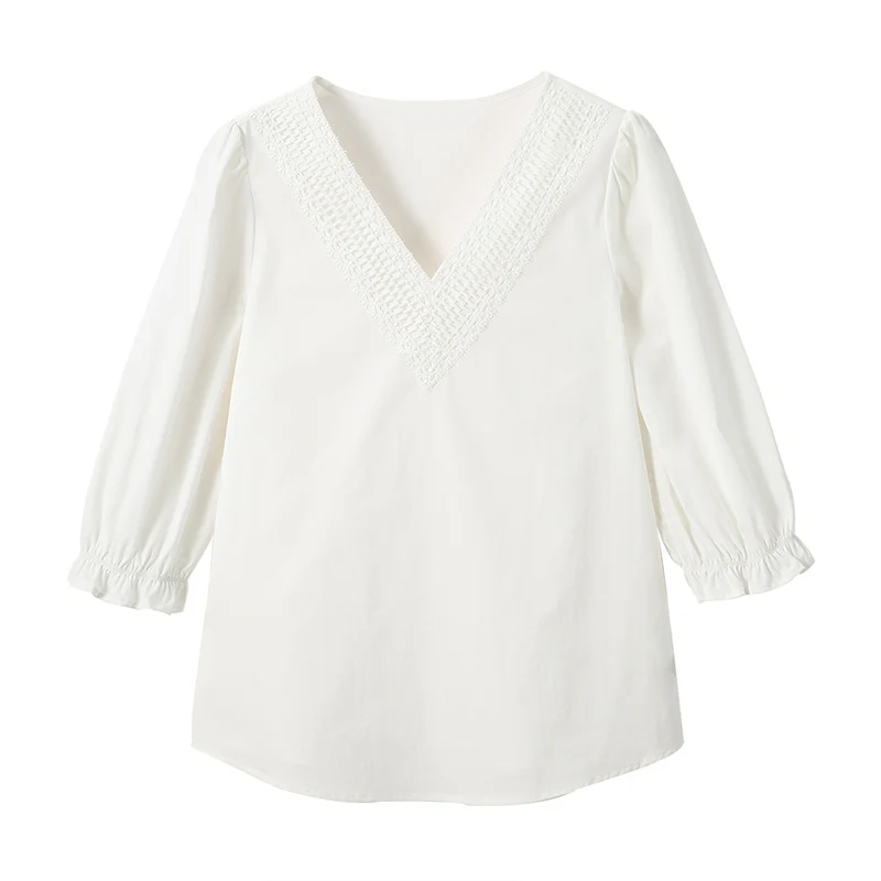Рубашка VIMLY женская с V-образным вырезом элегантная белая Деловая блузка длинным