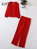 zjyt elegant runway long sleeve loose blouse and pants set 2 pieces womens outfits autumn fashion red party suits toptrousers