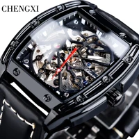 chenxi skeleton mechanical wristwatch mens waterproof automatic self wind military watch genuine leather man watches black