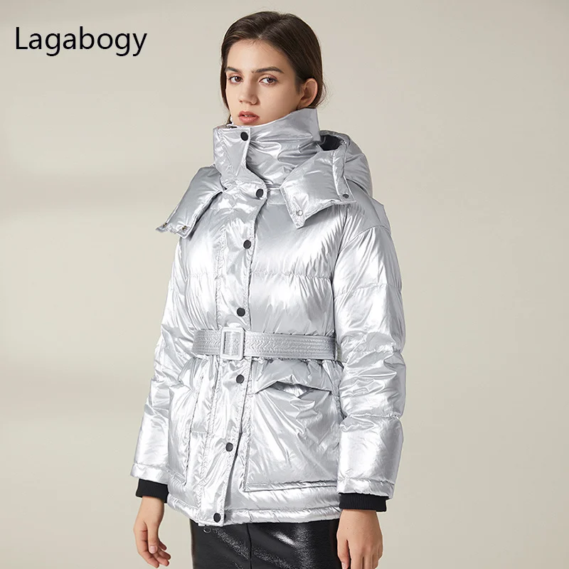 2021 Winter Glossy Women 90% White Duck Down Coat Short Warm Loose Parkas Female Hooded Waterproof Puffer Jacket Belt