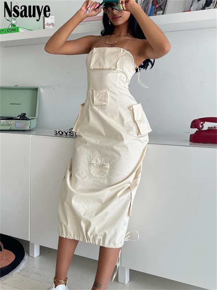 

Nsauye Sexy Streetwear Fashion Gothic Y2K 90s Women Midi Dresses Bodycon Sleeveless Summer Off Shoulder Pocket Dress Wrap Club